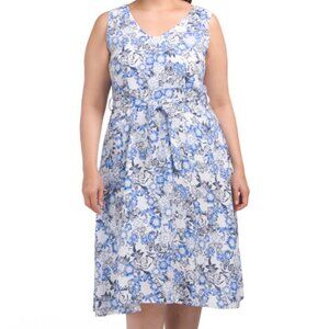 Cristina Vergani Made in Italy Linen Blend Floral Belted Midi Dress — 1X